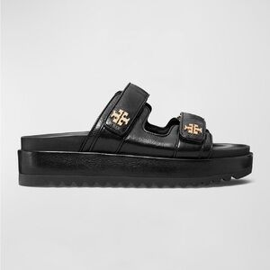 Tory Burch Kira Sport Slides Black Leather Sandals Size 5